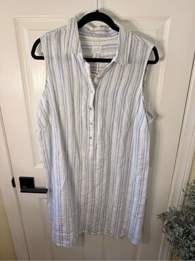 Sigrid Olsen Blue and White Striped Sleeveless Button Tunic